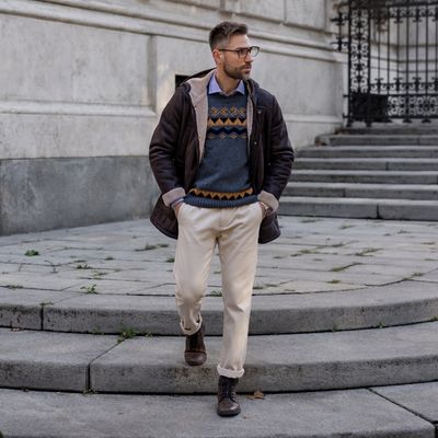 Maglia uomo girocollo misto lana con greca jacquard